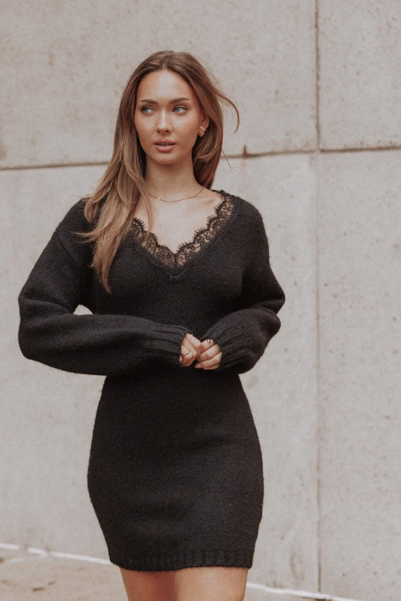 Sharona Lace Trim Knit Mini Dress - Black