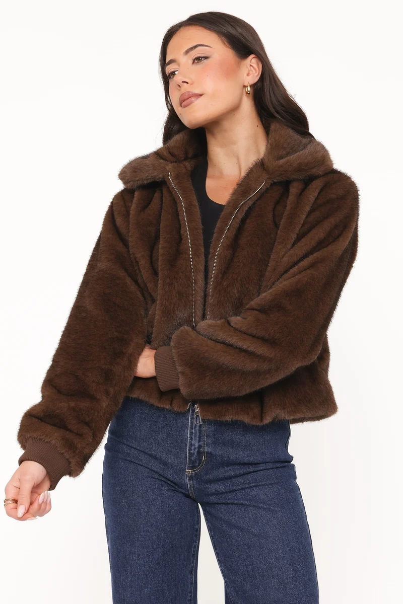Jenna Faux Fur Bomber Jacket - Espresso