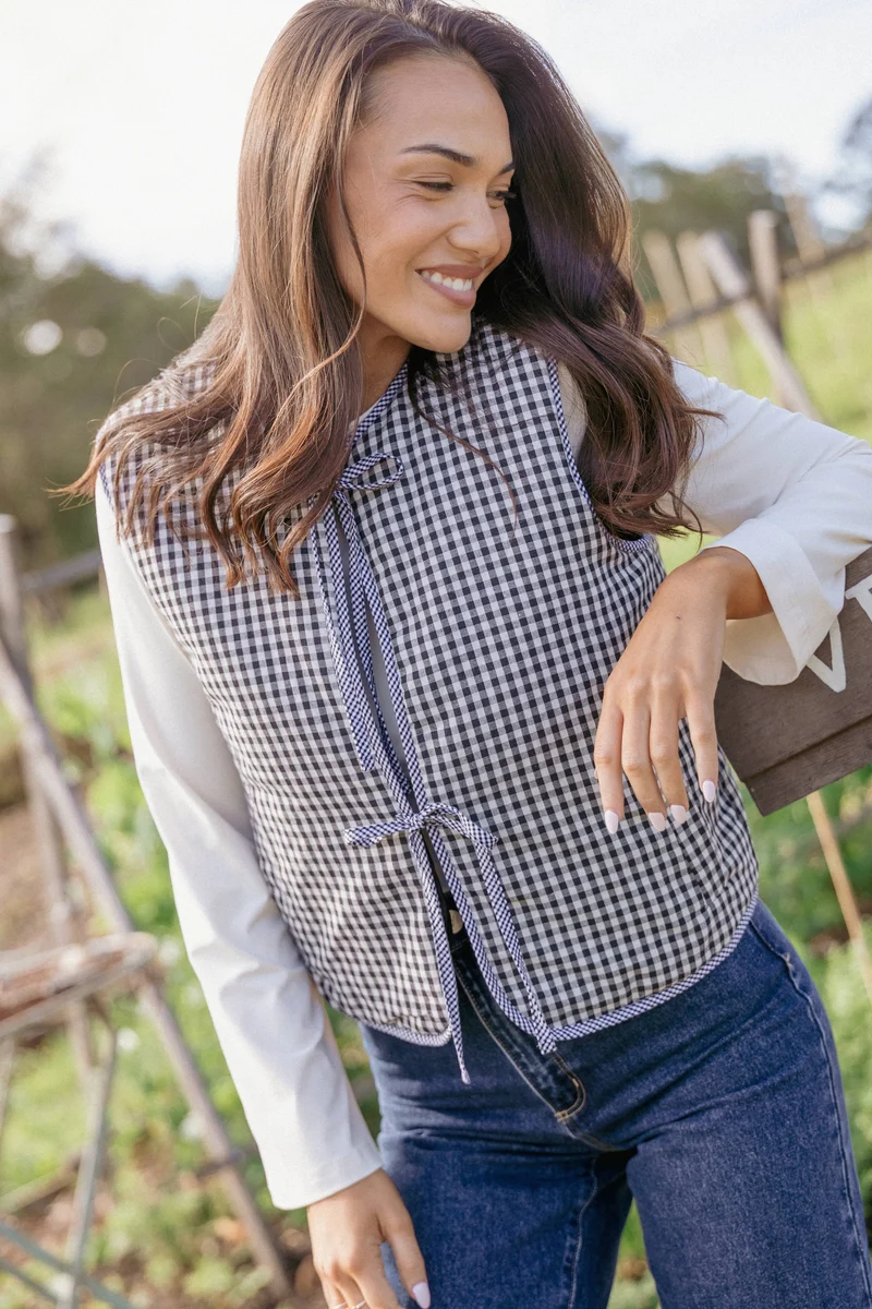 Laila Tie Front Vest - Black Gingham