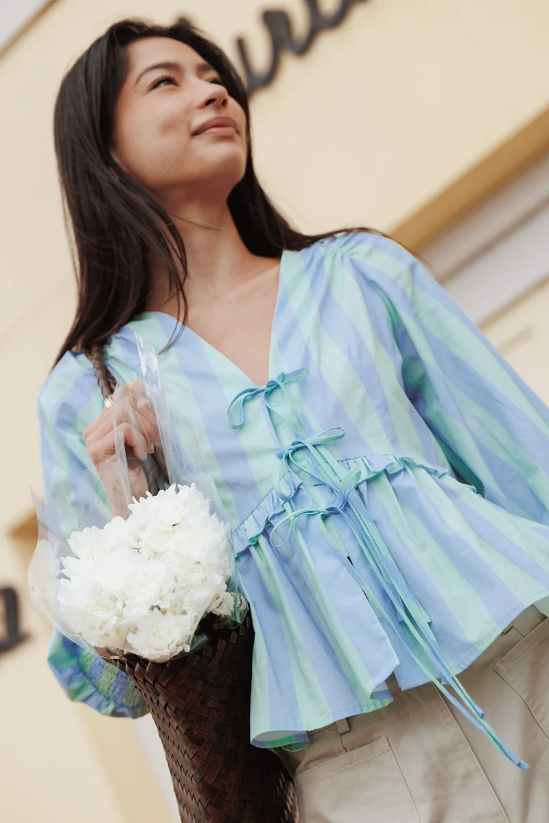 Benny Puff Sleeve Top - Green/Blue Stripe