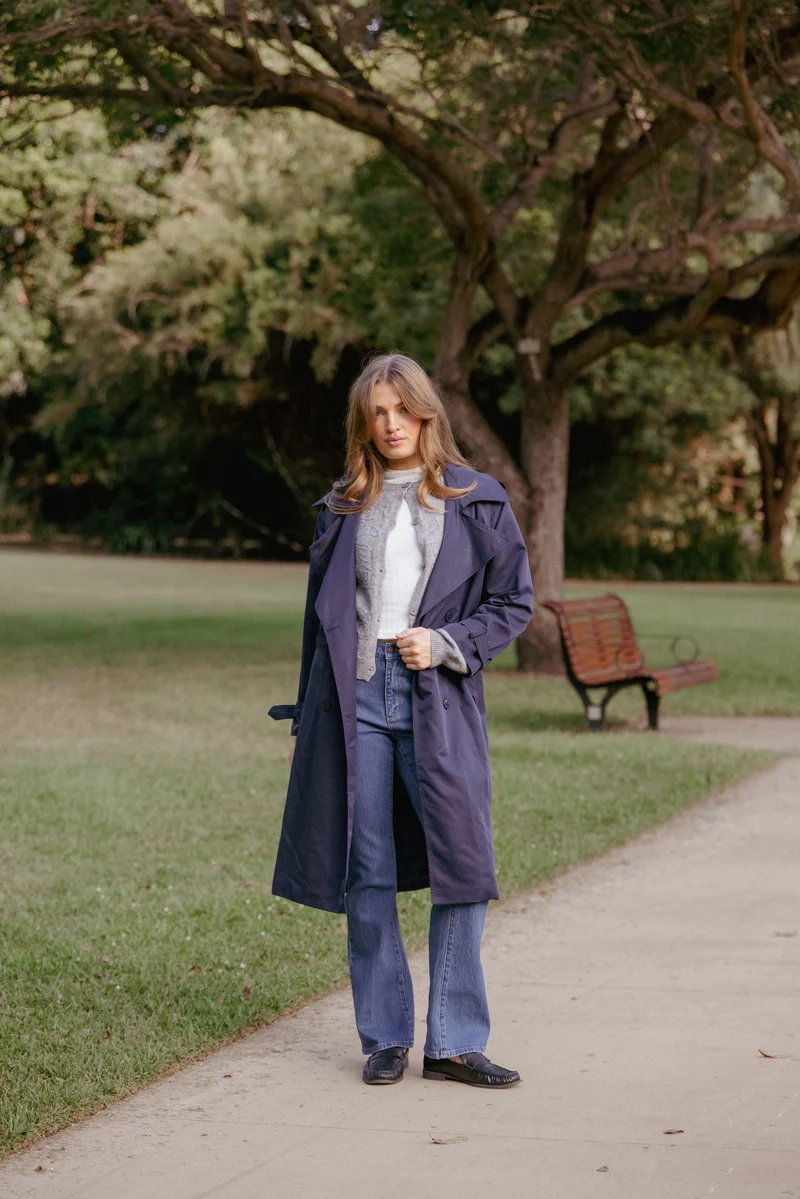 Billy Button Front Trench Coat - Navy