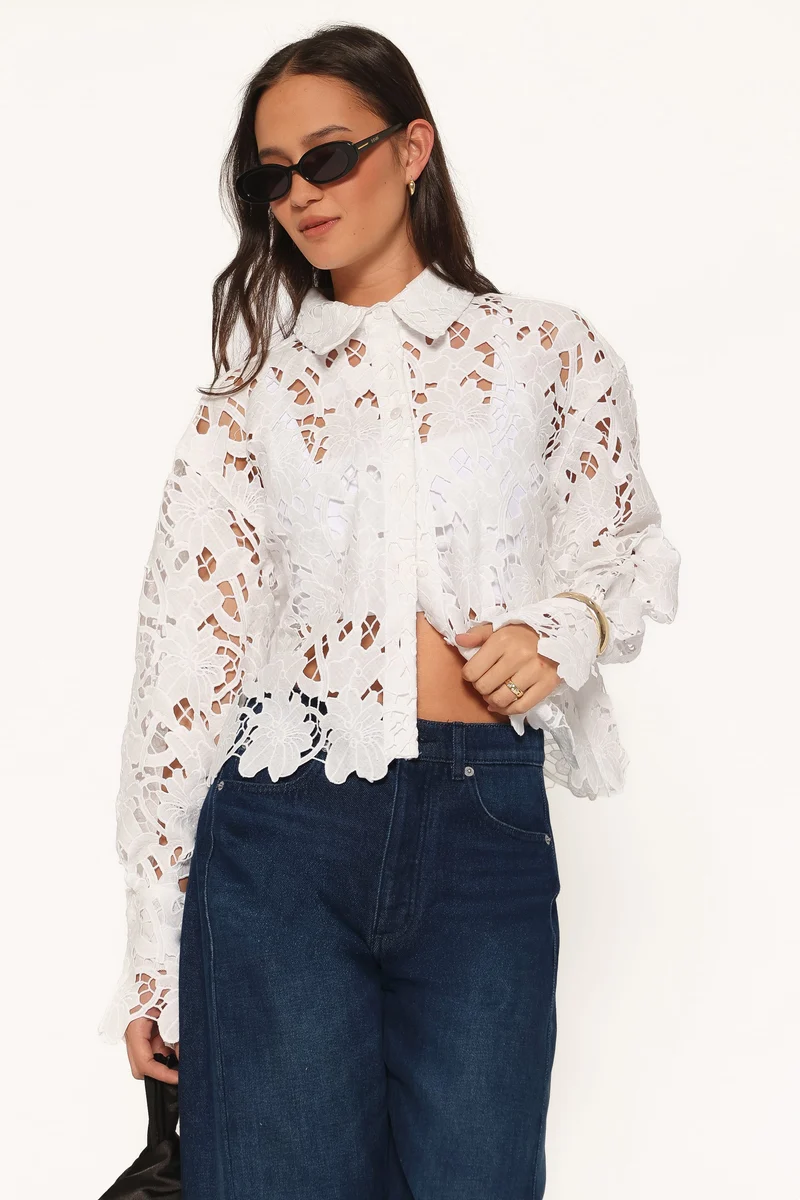 Orion Eyelet Crop Button Down - White