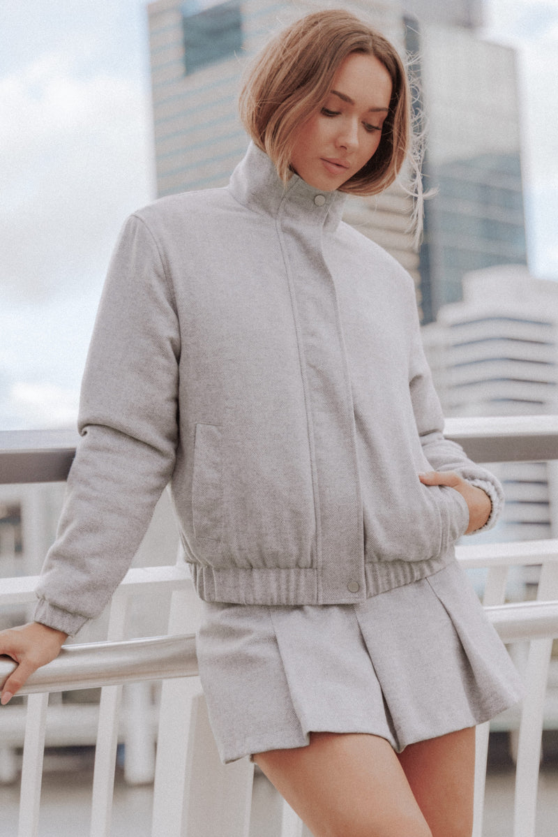 Peyton Funnel Neck Bomber Jacket - Grey Herringbone