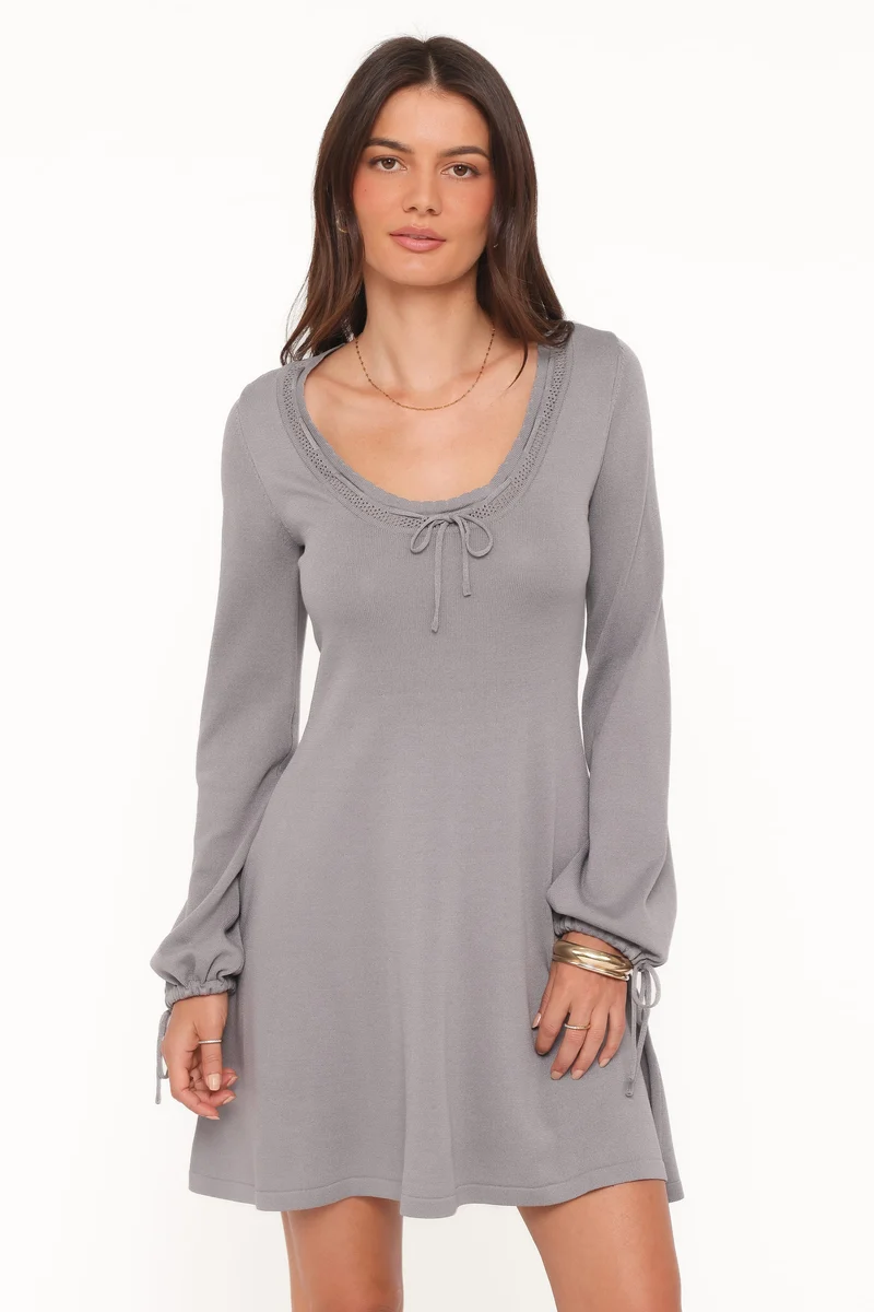 Kaylee Knit Long Sleeve Mini Dress - Grey