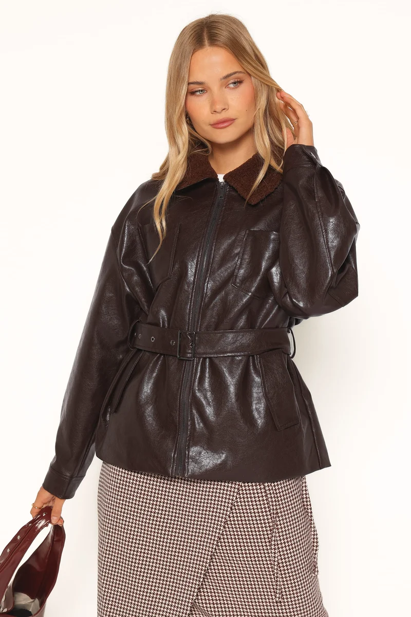Hedley Belted Jacket - Chocolate Brown Vegan Leather