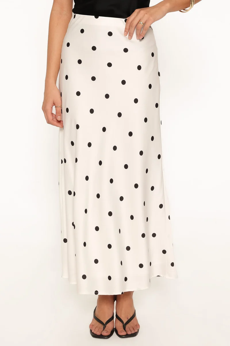 Nellie Satin Midi Skirt - White Polka Dot