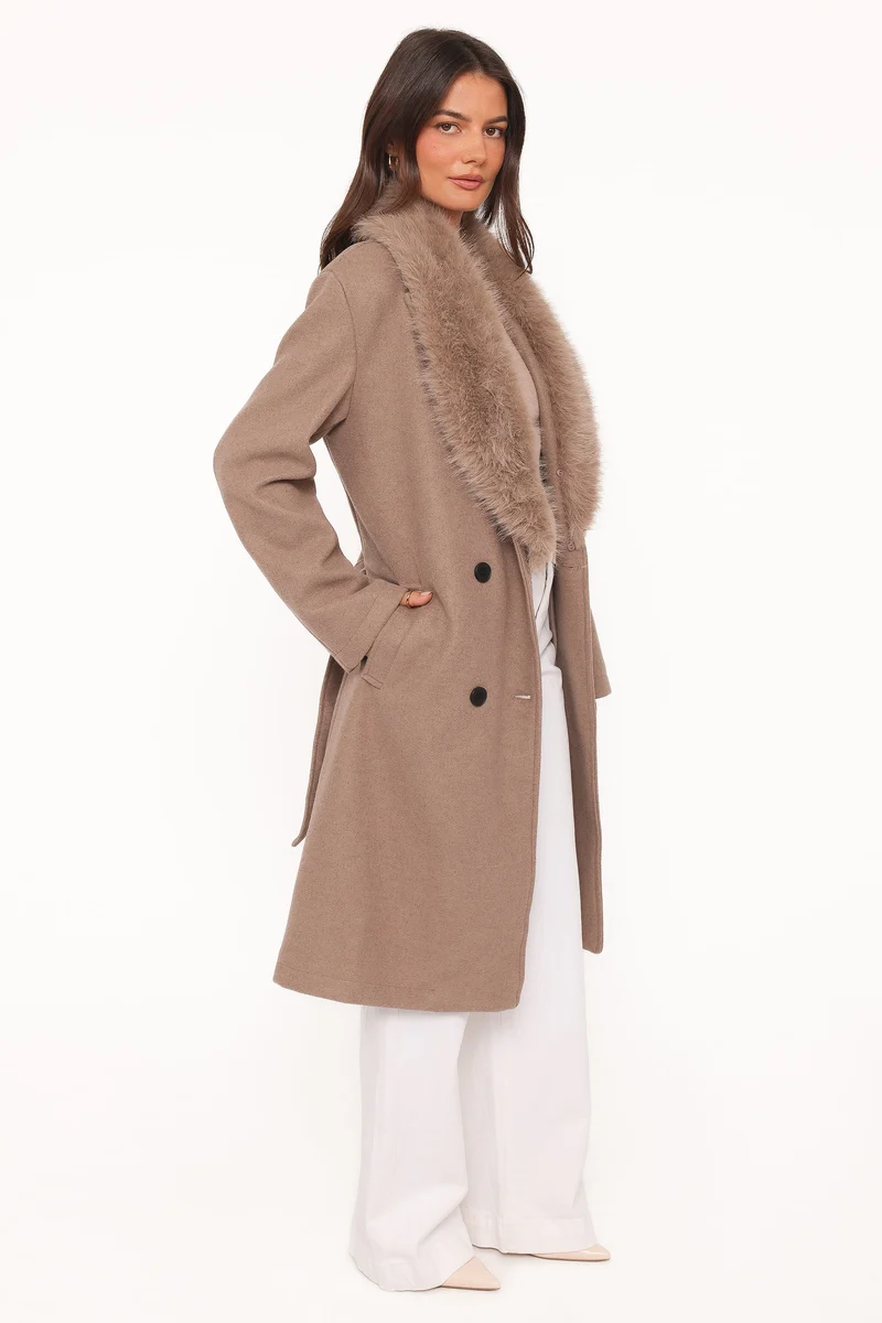 Nina Fur Collar Tie Waist Coat - Toffee Brown