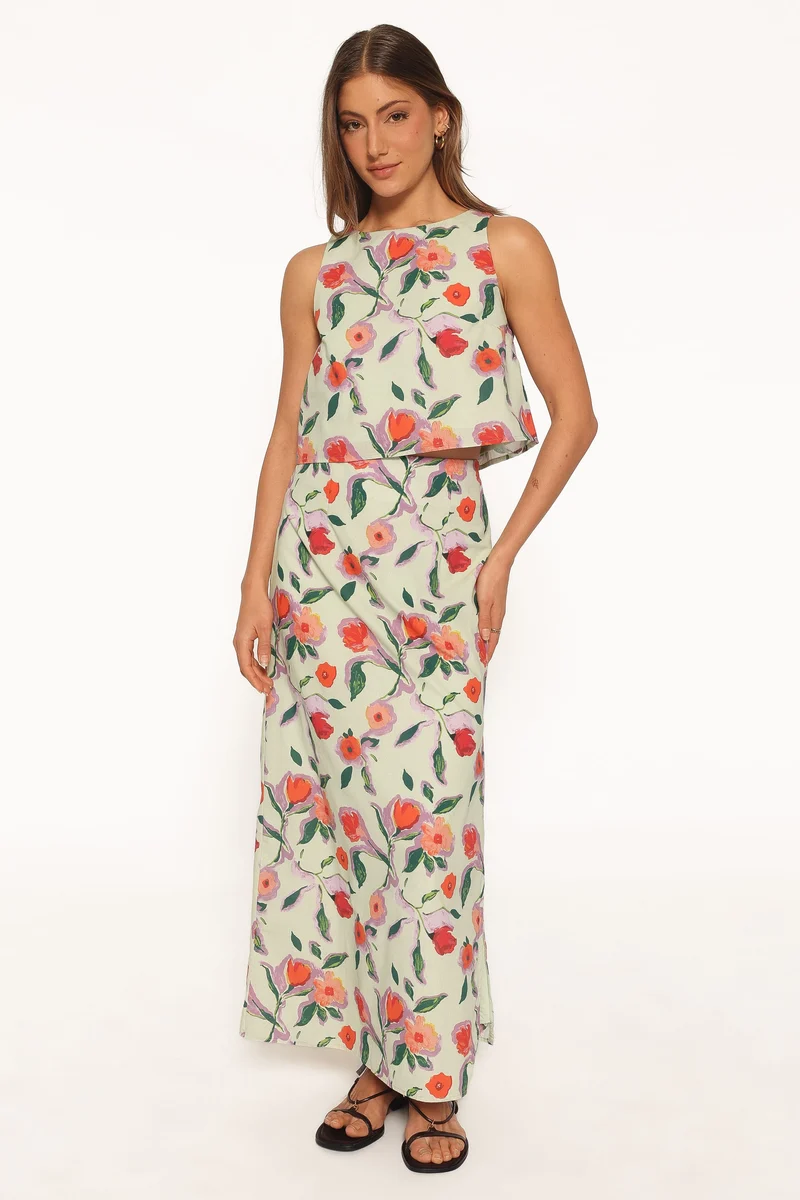 Madison Linen Column Skirt - Green Painted Floral
