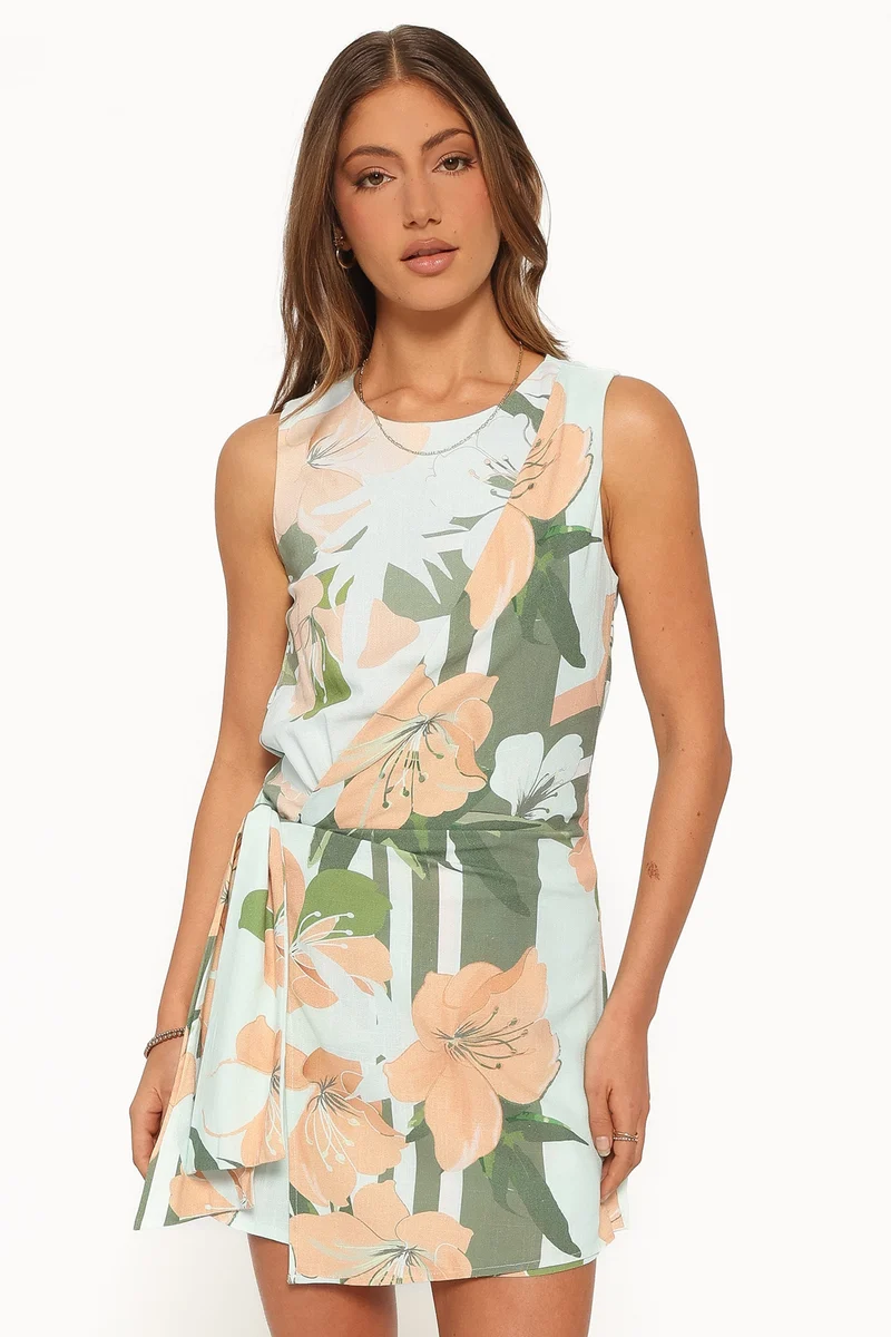 Zayley Faux Wrap Playsuit - Peach/Green Floral