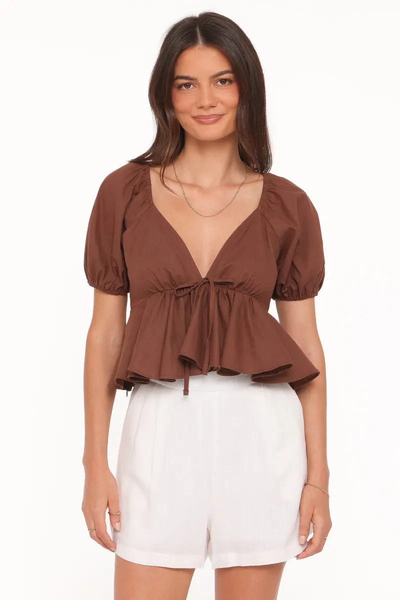Brienne Tie Front Top - Chocolate