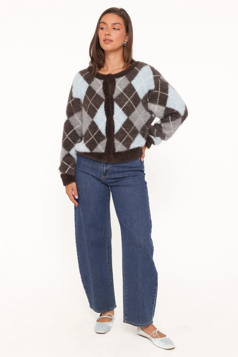 Fionna Button Front Cardigan - Blue Brown