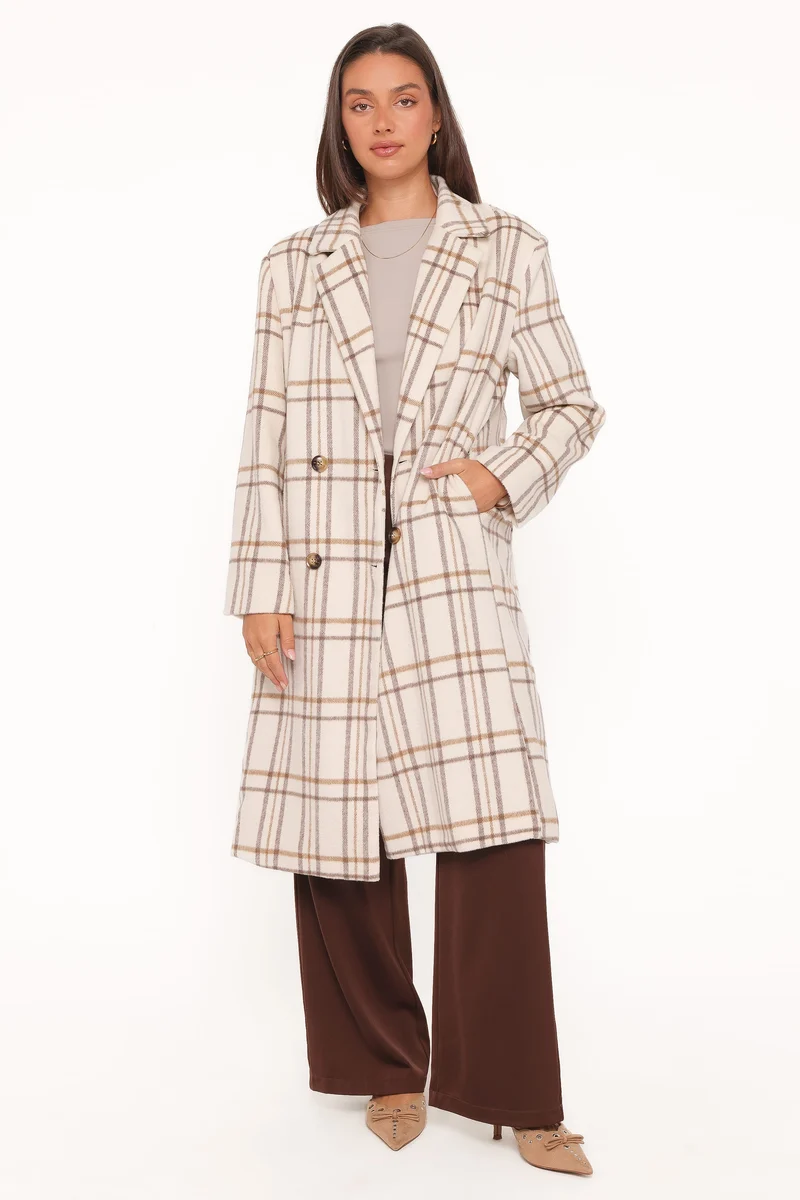 Gianna Button Front Plaid Long Coat - Ivory
