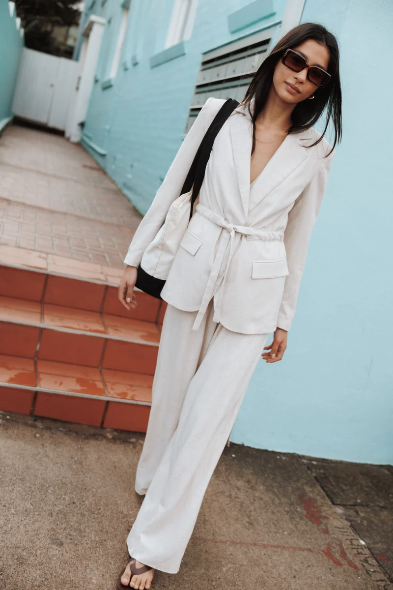 Merla Drawcord Waist Fitted Blazer - Oatmeal