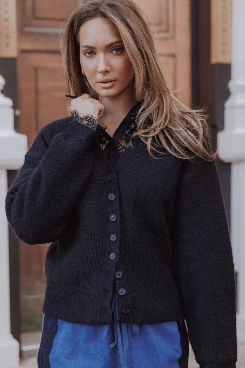 Salome Lace Trimmed Cardigan - Black