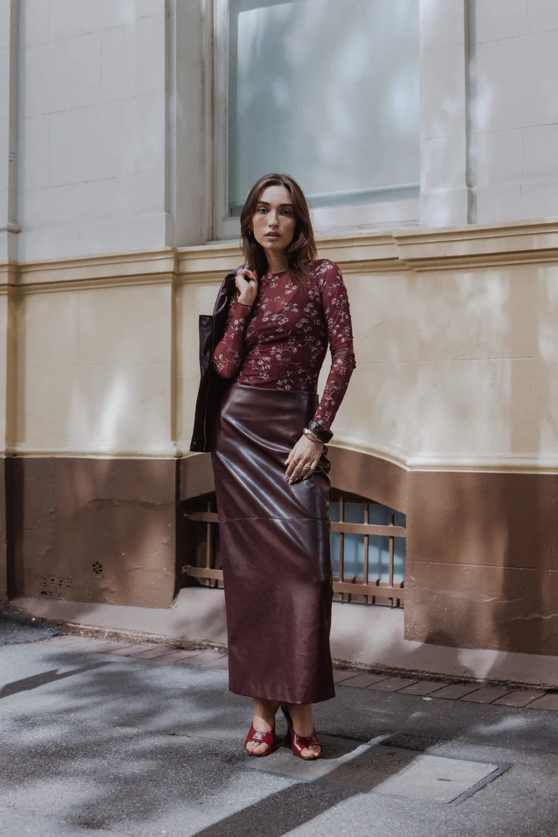 Koda Faux Leather Column Skirt - Burgundy