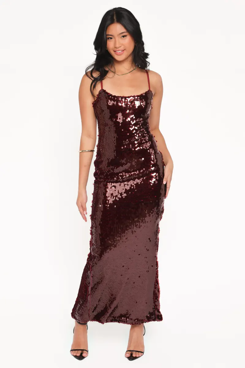 Orlena Sequin Midi Dress - Burgundy