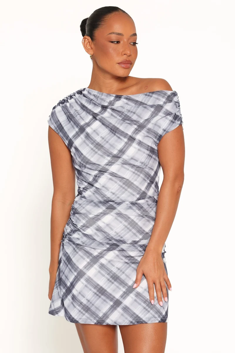 Callan Off Shoulder Mini Dress - Black Plaid