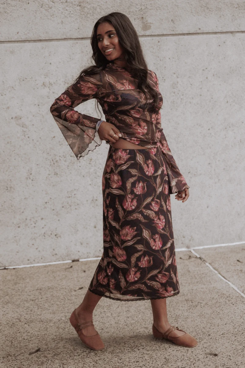 Steele Mesh Skirt Set - Dark Plum Floral