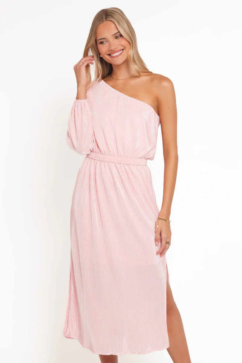 Pontee One Shoulder Pleated Midi Dress - Pink