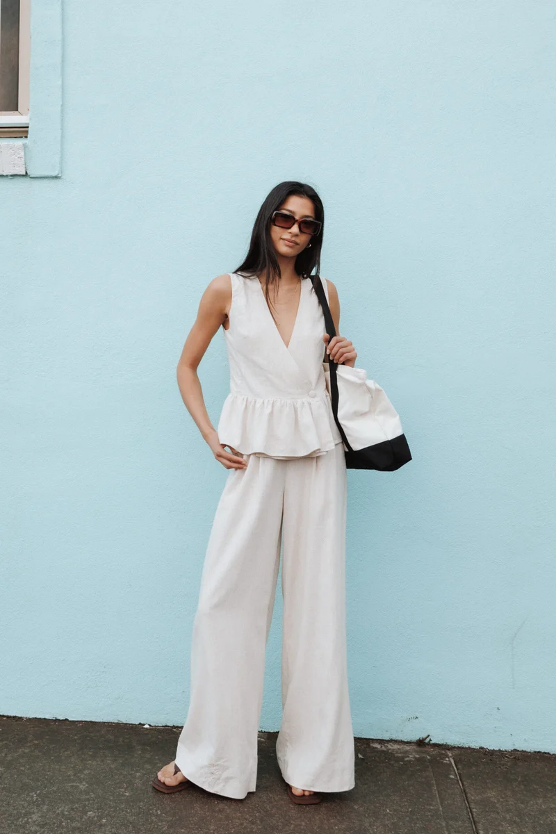 Lorrie Wide Leg Linen Blend Pants - Oatmeal