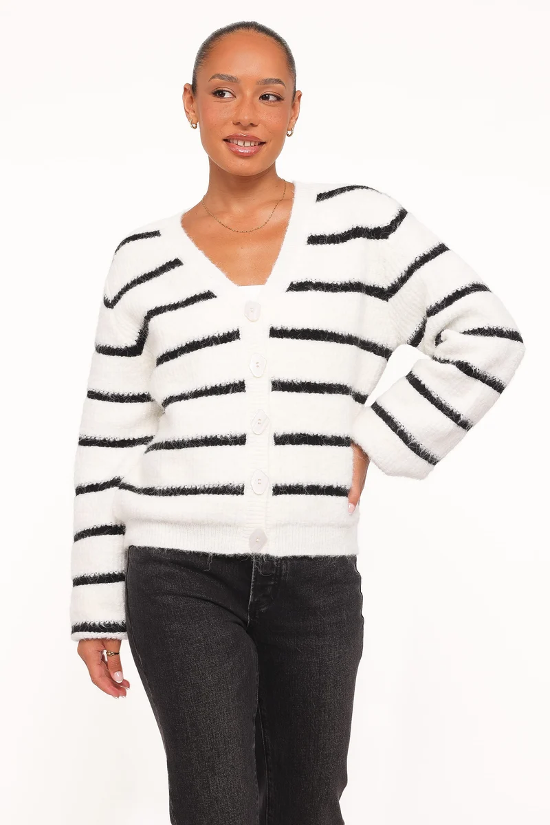 Frances Button Front Cardigan - Ivory Stripe