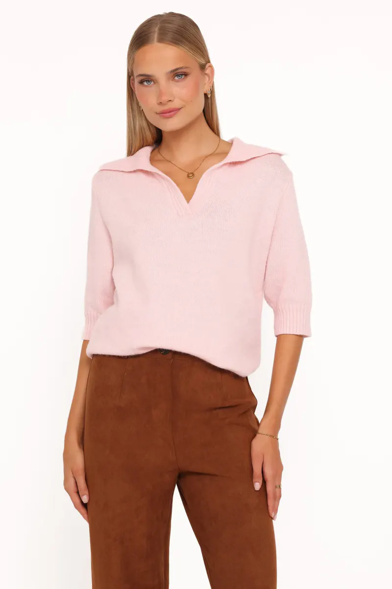Bels Short Sleeve Collar Knit Sweater - Pink