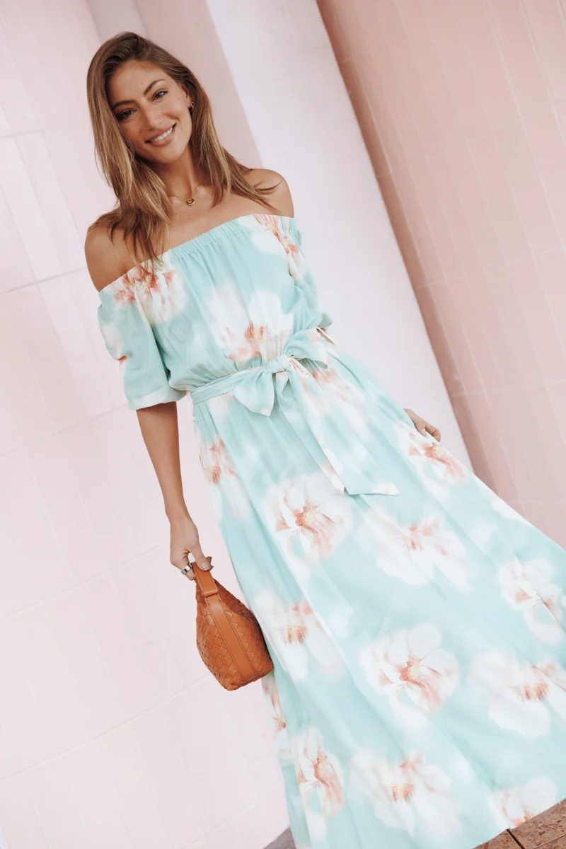 Nori Off Shoulder Maxi Dress - Jade Green Blurred Floral