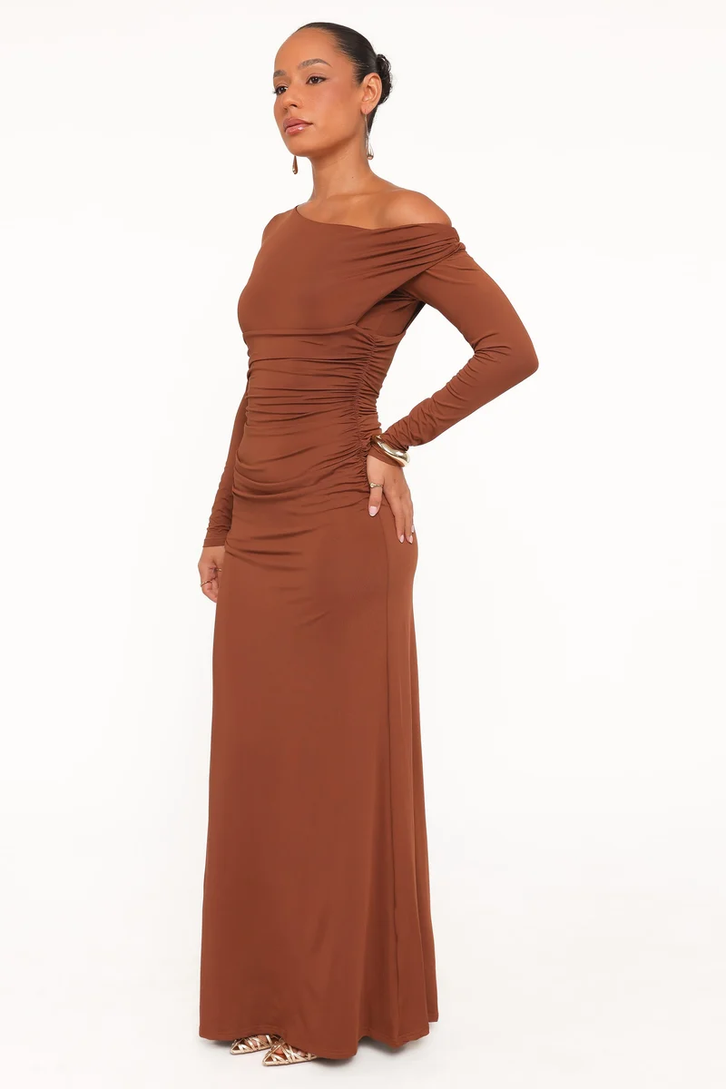 Jenna Off Shoulder Maxi Dress - Brown