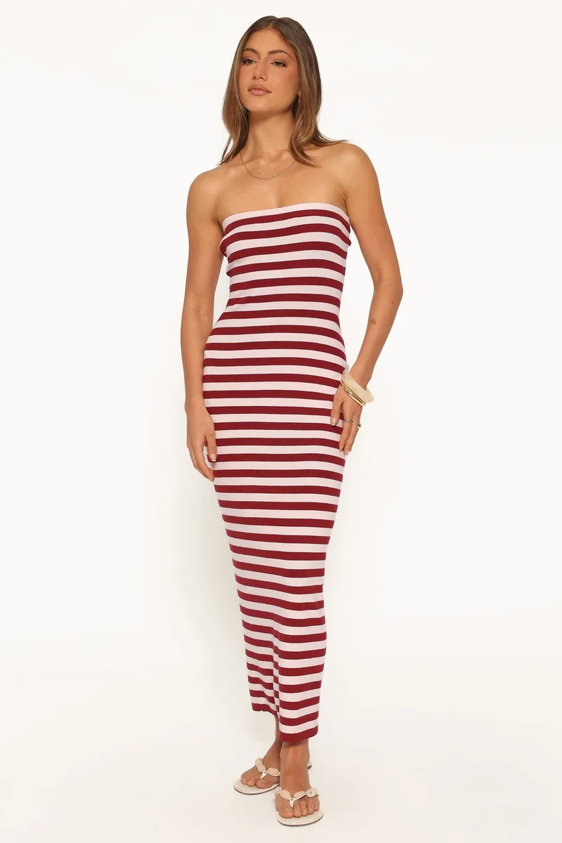 Latoya Strapless Midi Dress - Pink Burgundy Stripe