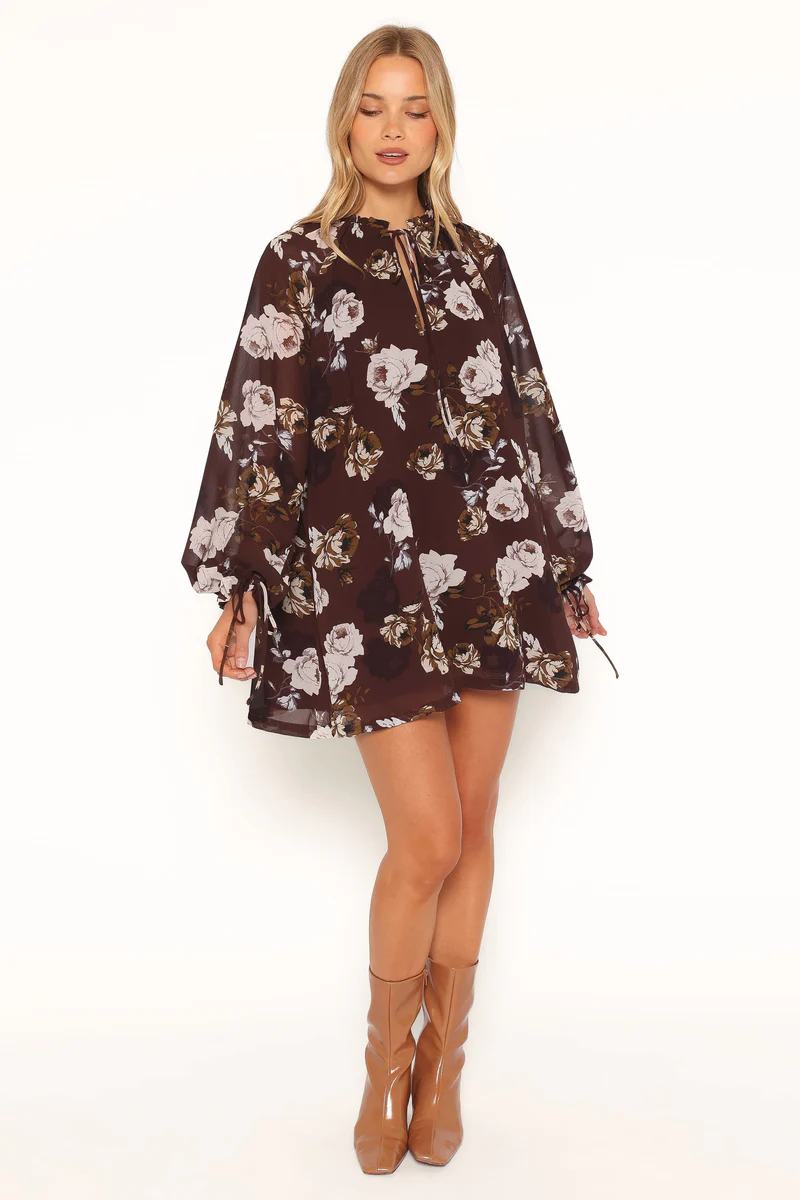 Sigrid Tie Cuff Mini Dress - Brown Floral