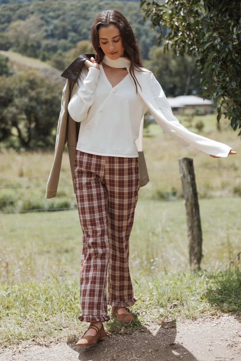 Kaelia Frill Hem Straight Pant - Burgundy Plaid