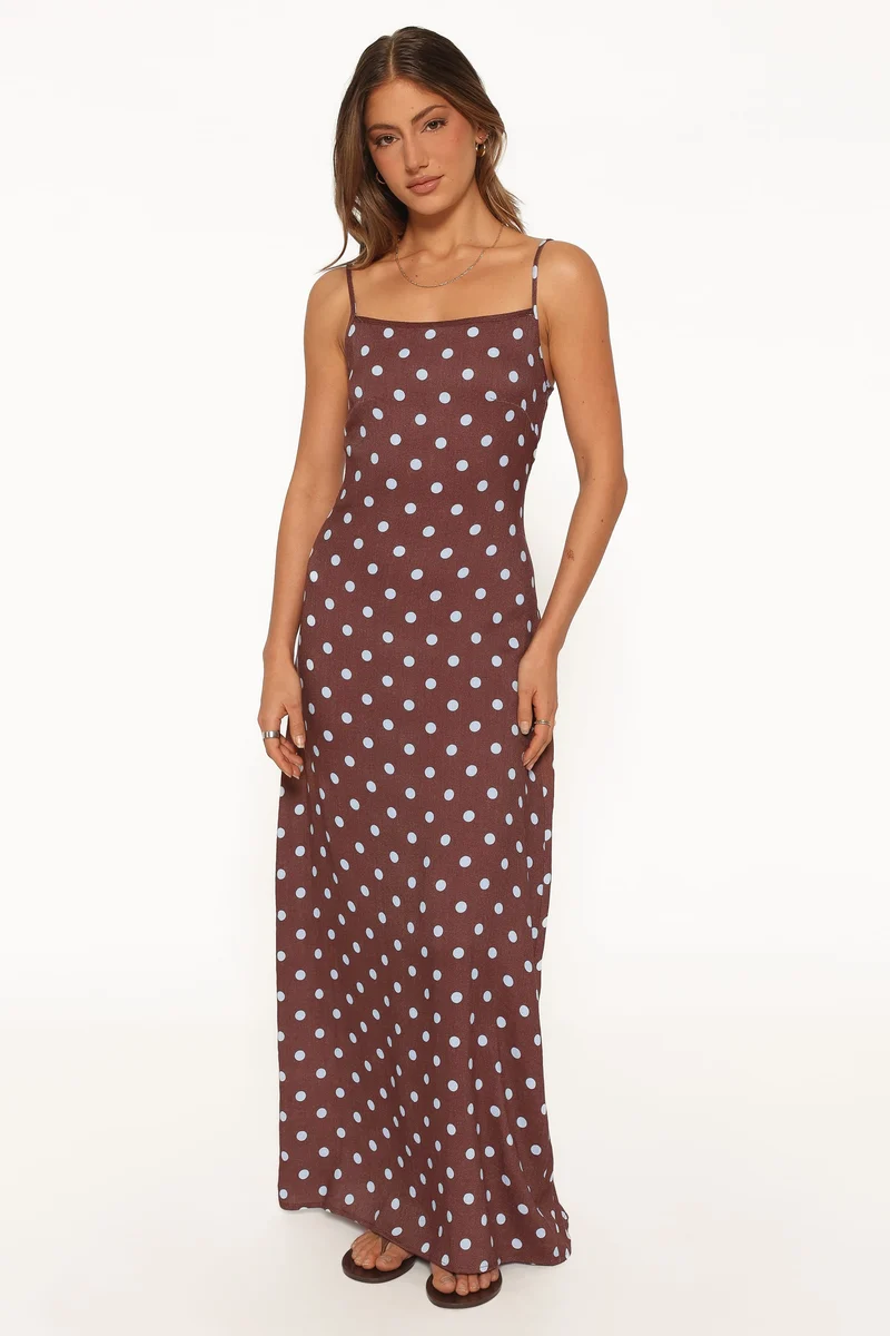 Elton Maxi Dress - Brown/Blue Polka Dot