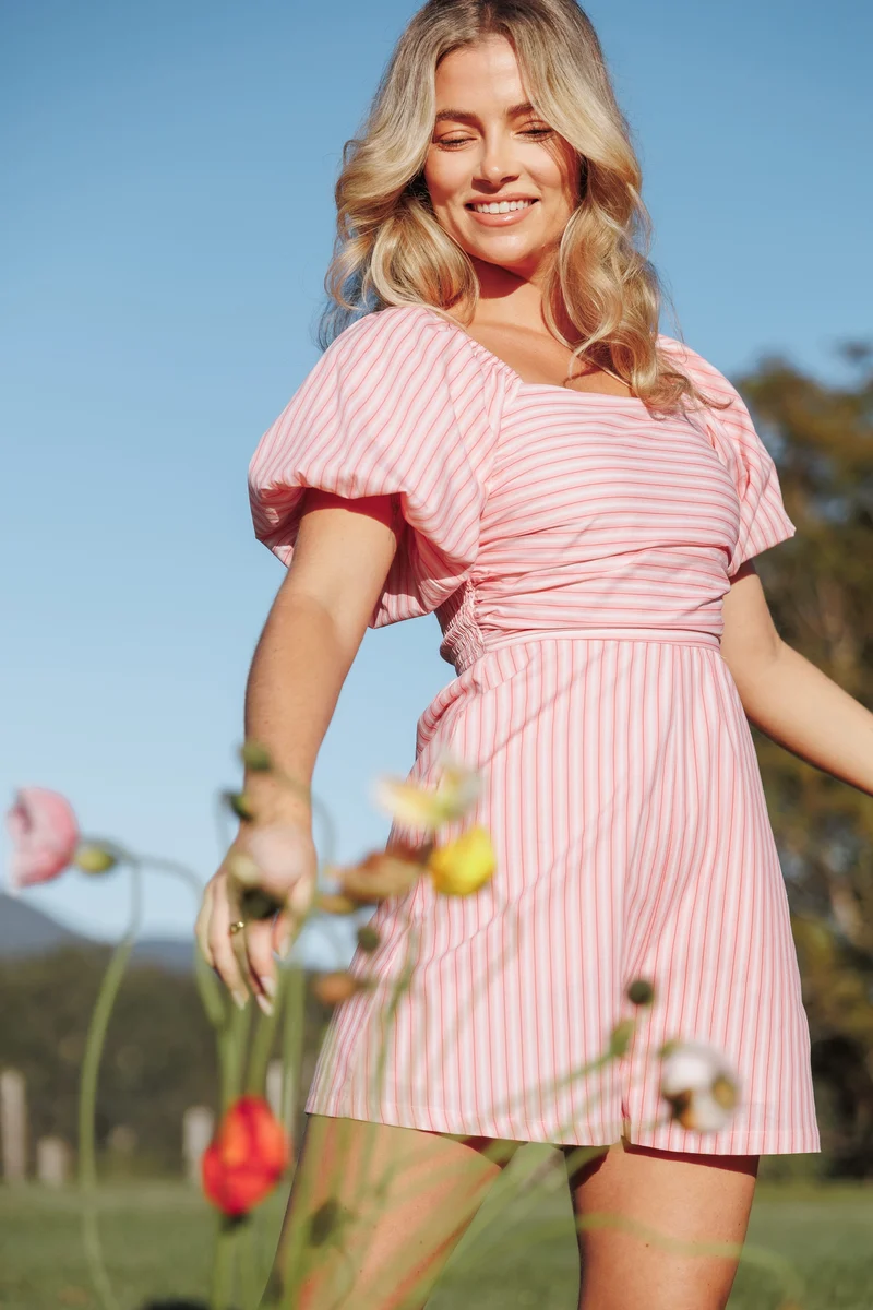 Clo Puff Sleeve Playsuit - Pink Stripe