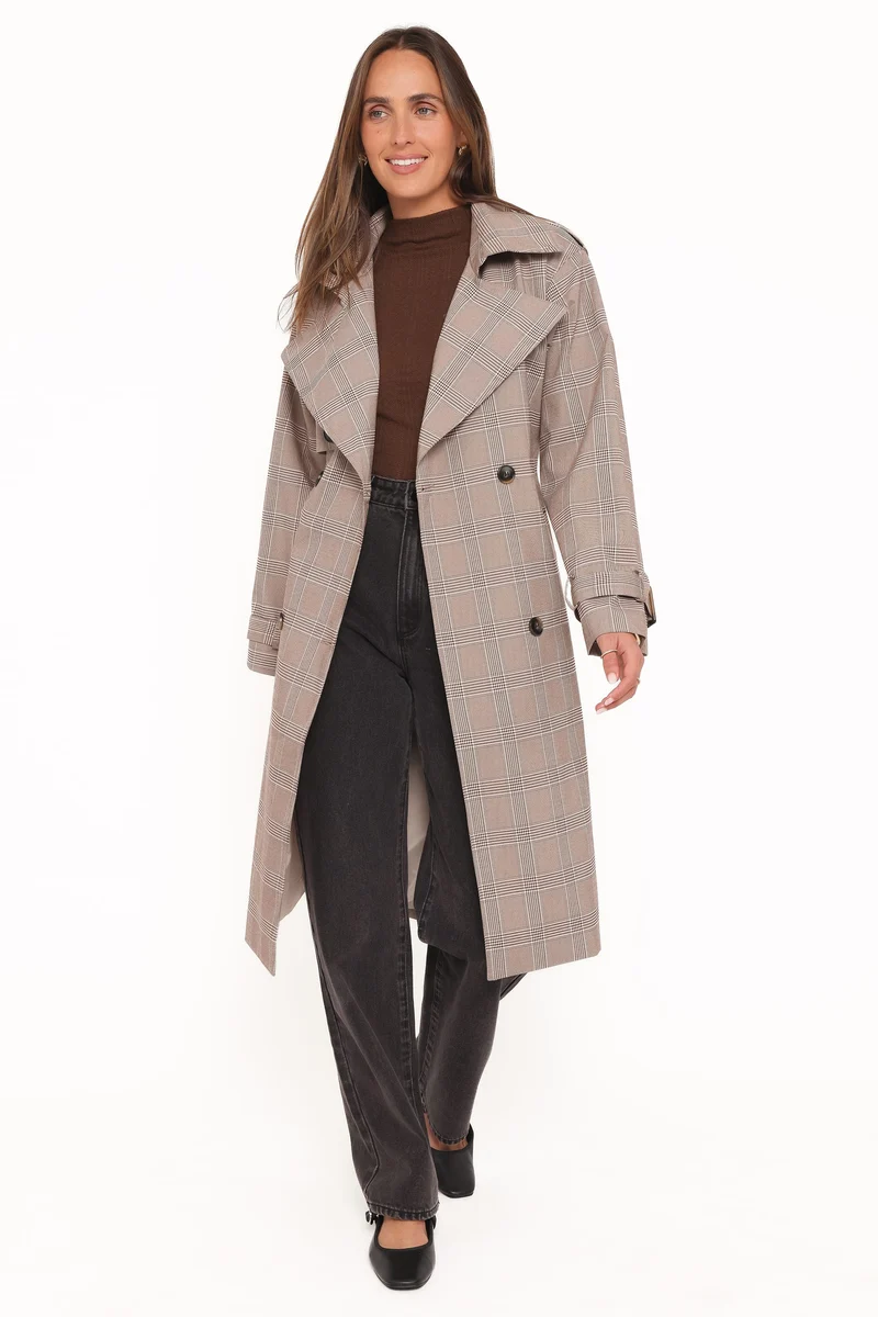 Billy Button Front Trench Coat - Brown Plaid