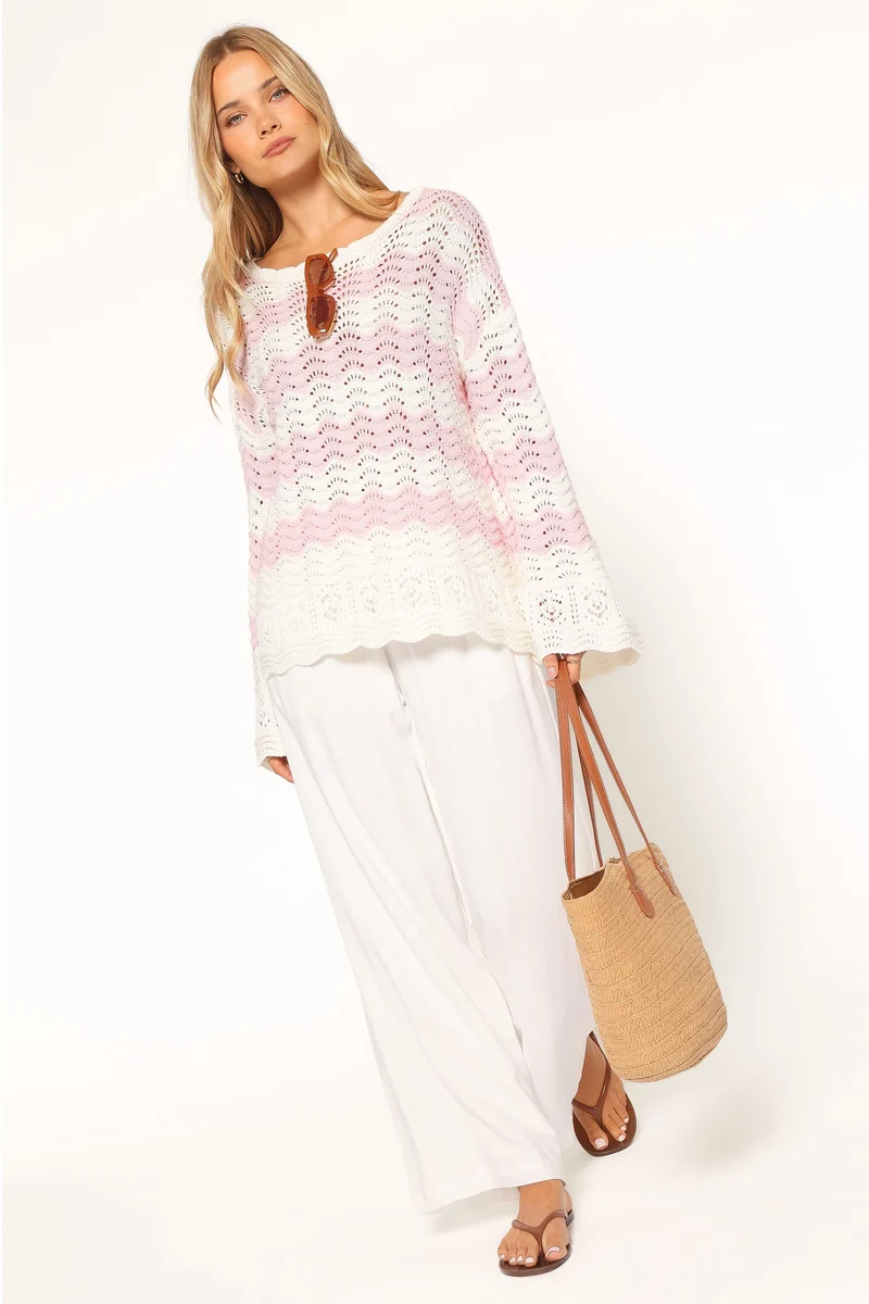 Corinna Pointelle Stitch Sweater - Pink White