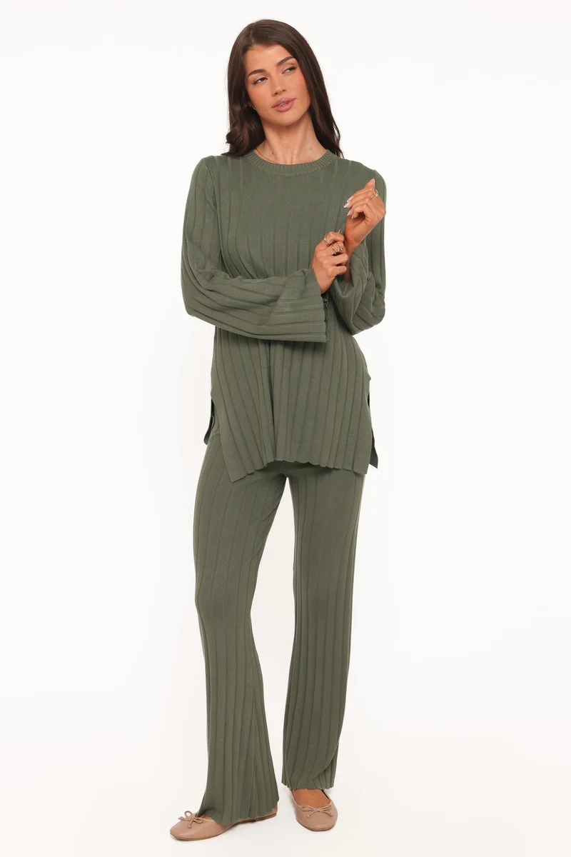 Silvie Long Sleeve Knitted Set - Olive