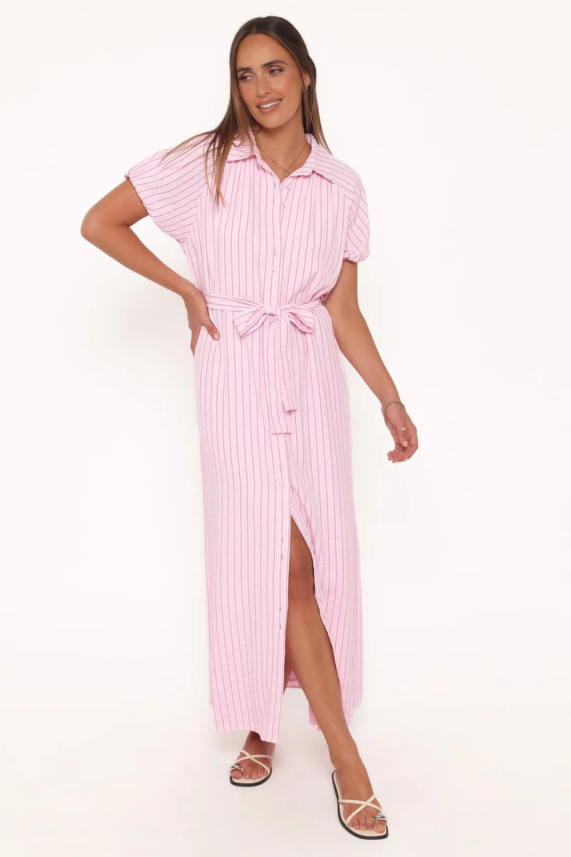 James Button Through Maxi Dress - Pink Stripe