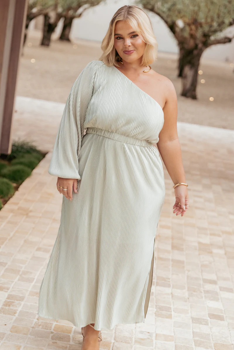 Pontee One Shoulder Pleated Midi Dress - Sage Green