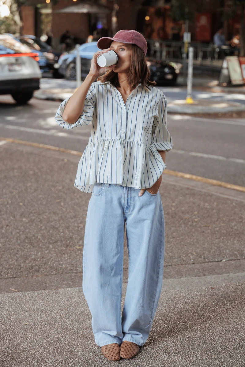 Thomas Short Sleeve Peplum Top - Yellow/Blue Stripe