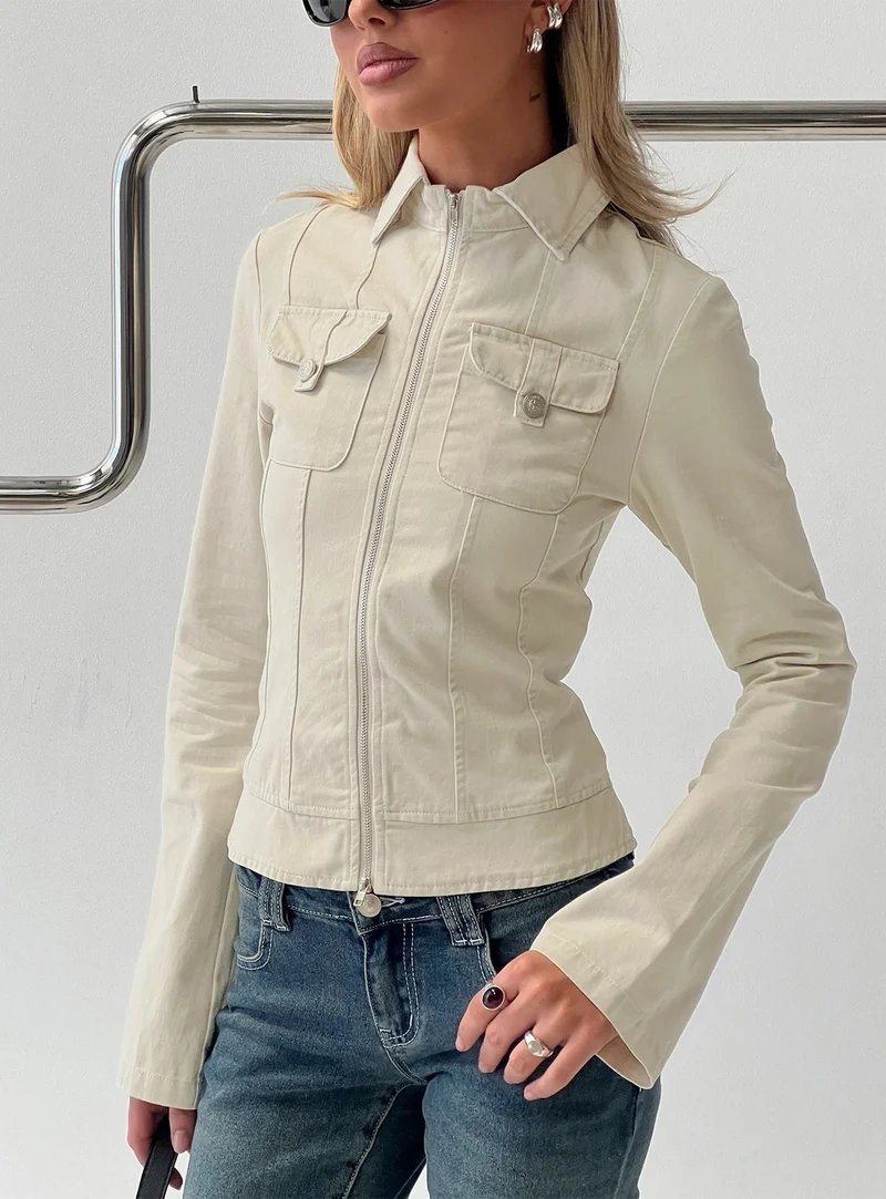 Kelehan Long Sleeve Zip Front Jacket Stonewashed Cream