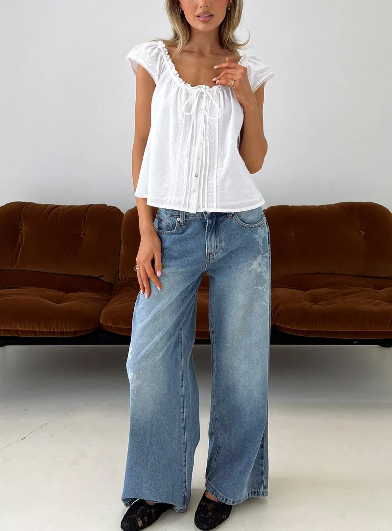Johnni Floral Printed Low Rise Jeans Mid Wash