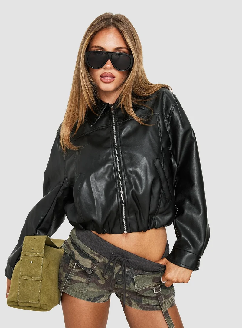 Panoramic Faux Leather Cropped Jacket Black