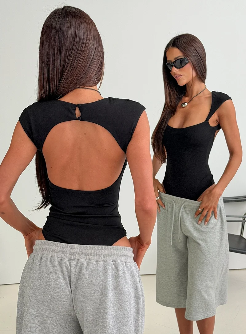 Fabienna Scoop Neck Cap Sleeve Bodysuit Black