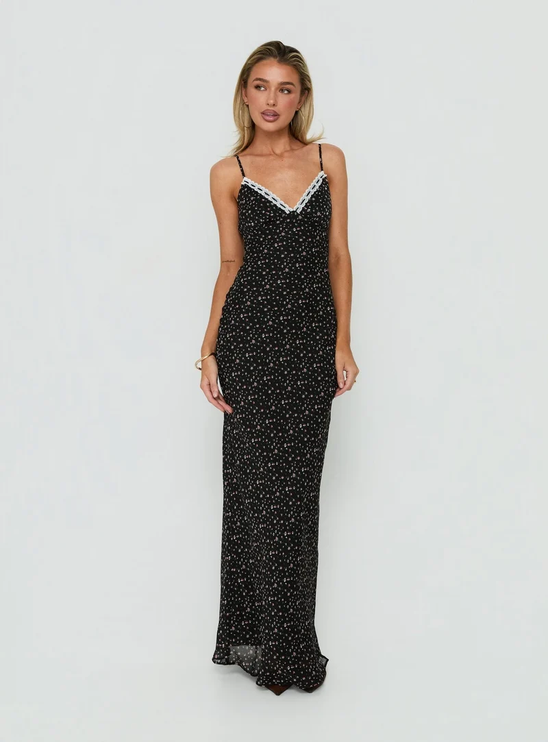 Alasia Lace Trim V Neck Maxi Dress Black Floral