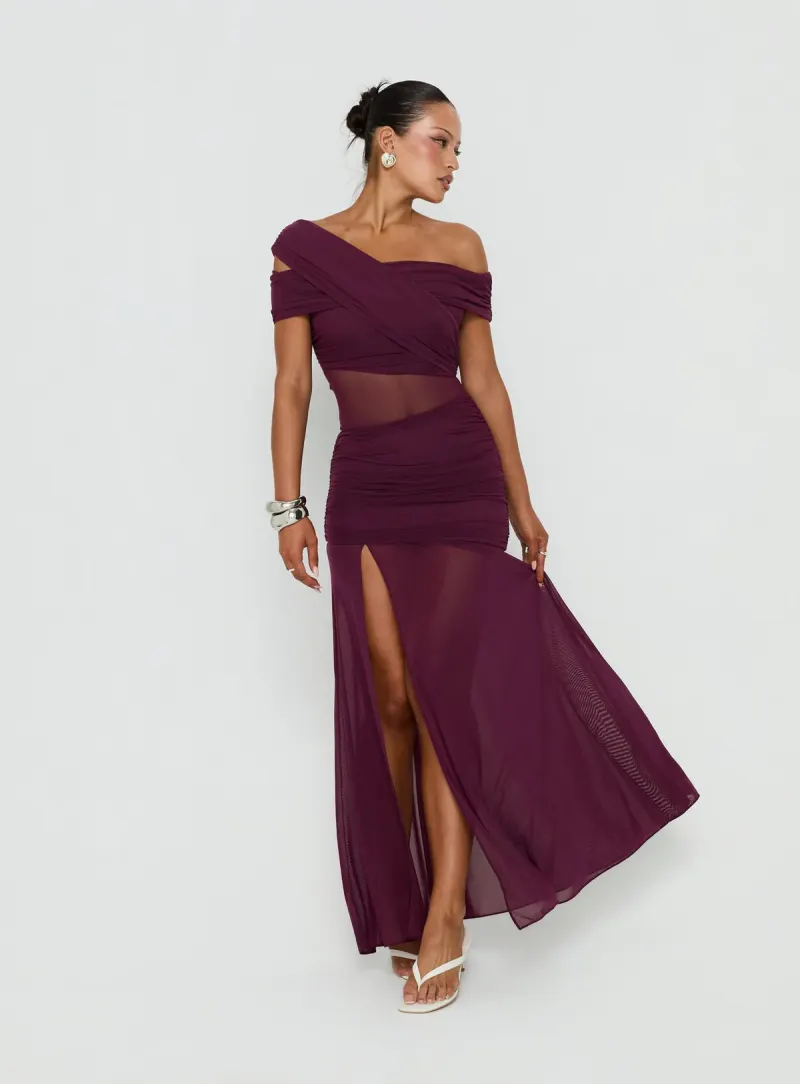 Loran Mesh Draped Maxi Dress Wine
