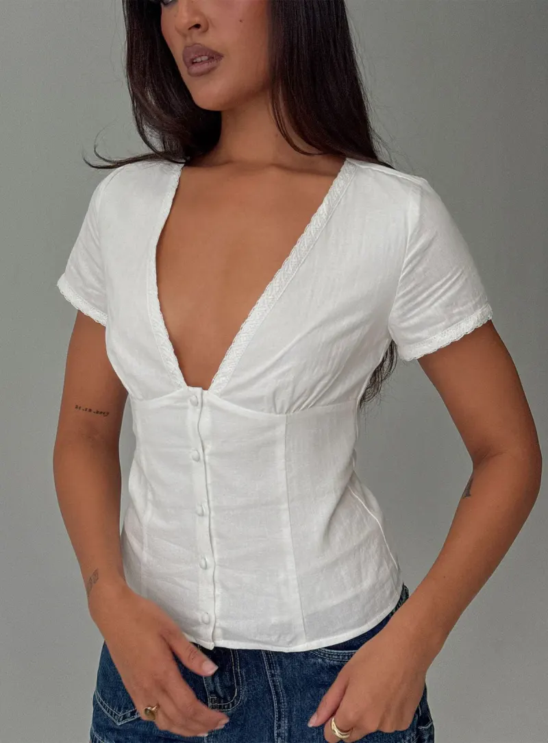 Small Fortune Lace Trim Short Sleeve Blouse Top White