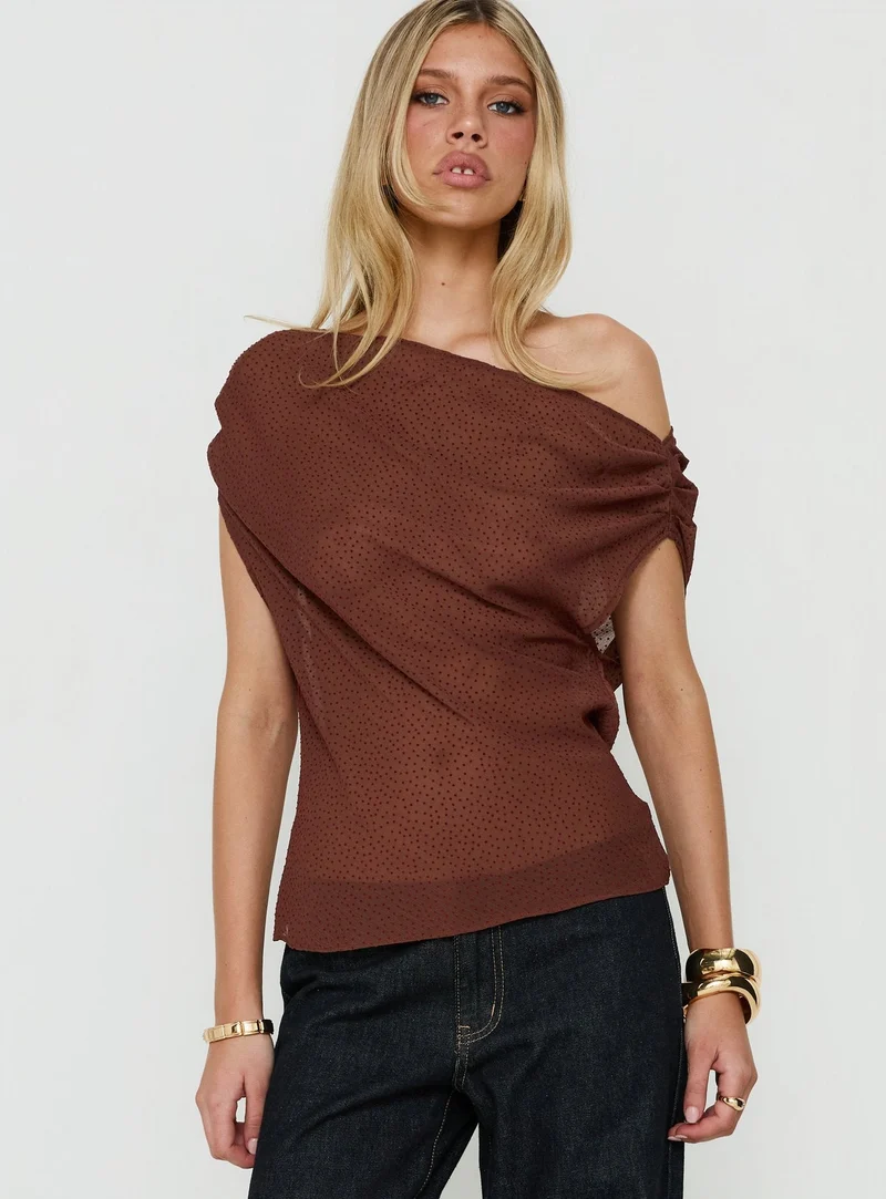 Orya Sheer Drape Off Shoulder Top Brown