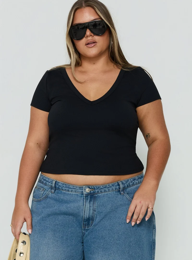 Daily Define Deep V Short Sleeve Top Black Curve