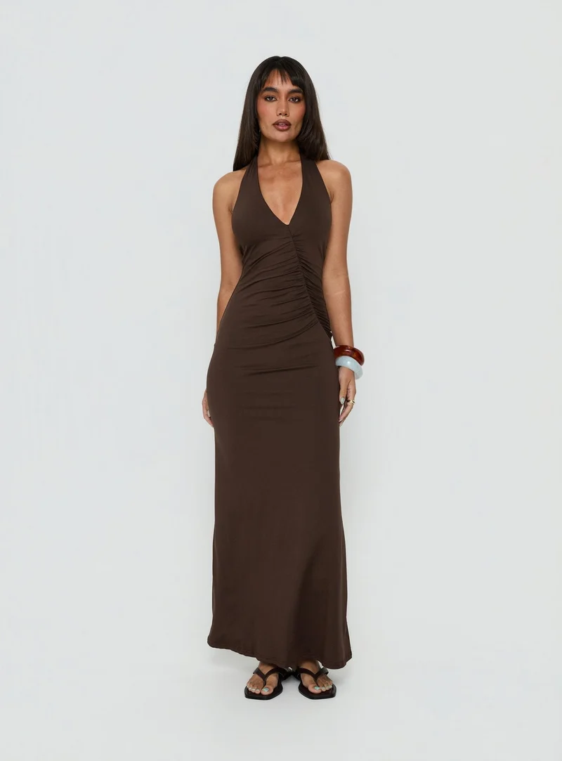 Cadira Ruched Halter Maxi Dress Chocolate