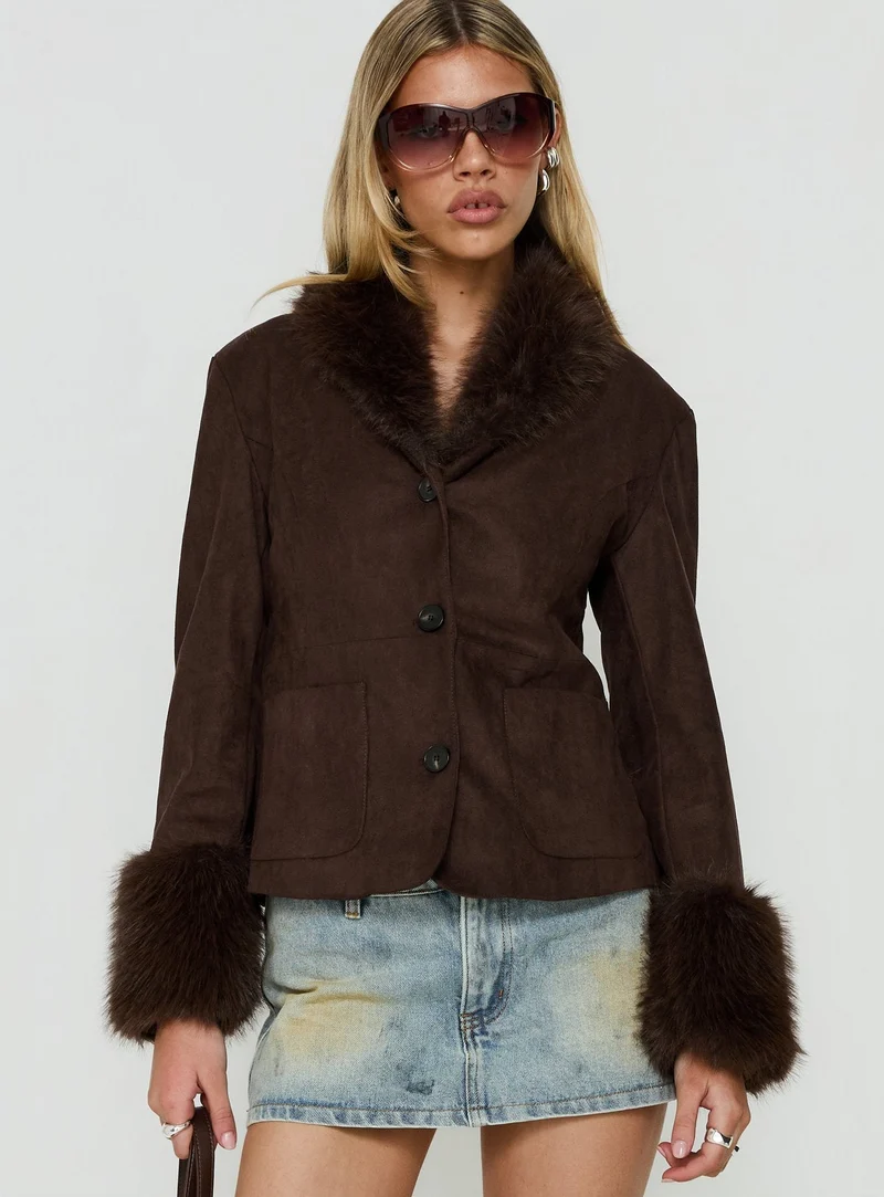 Memoree Faux Fur Trim Jacket Chocolate